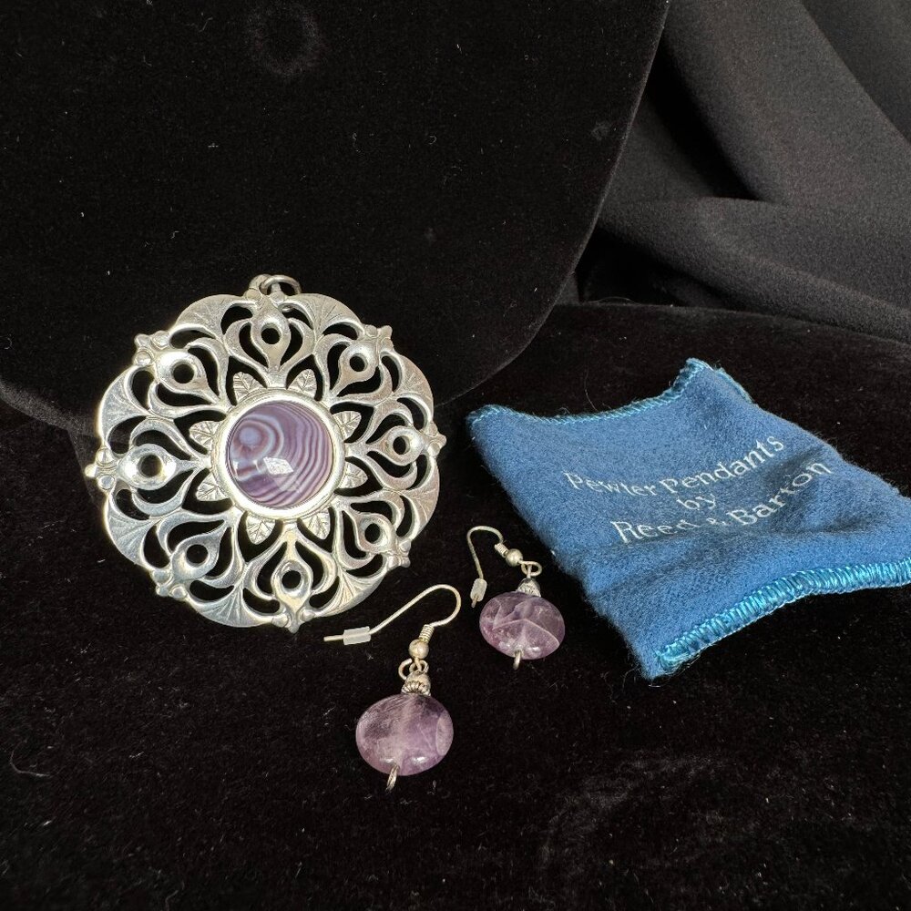 Large Pewter Medallion Pendant for Necklace Purple Swirl with Earrings Vintage